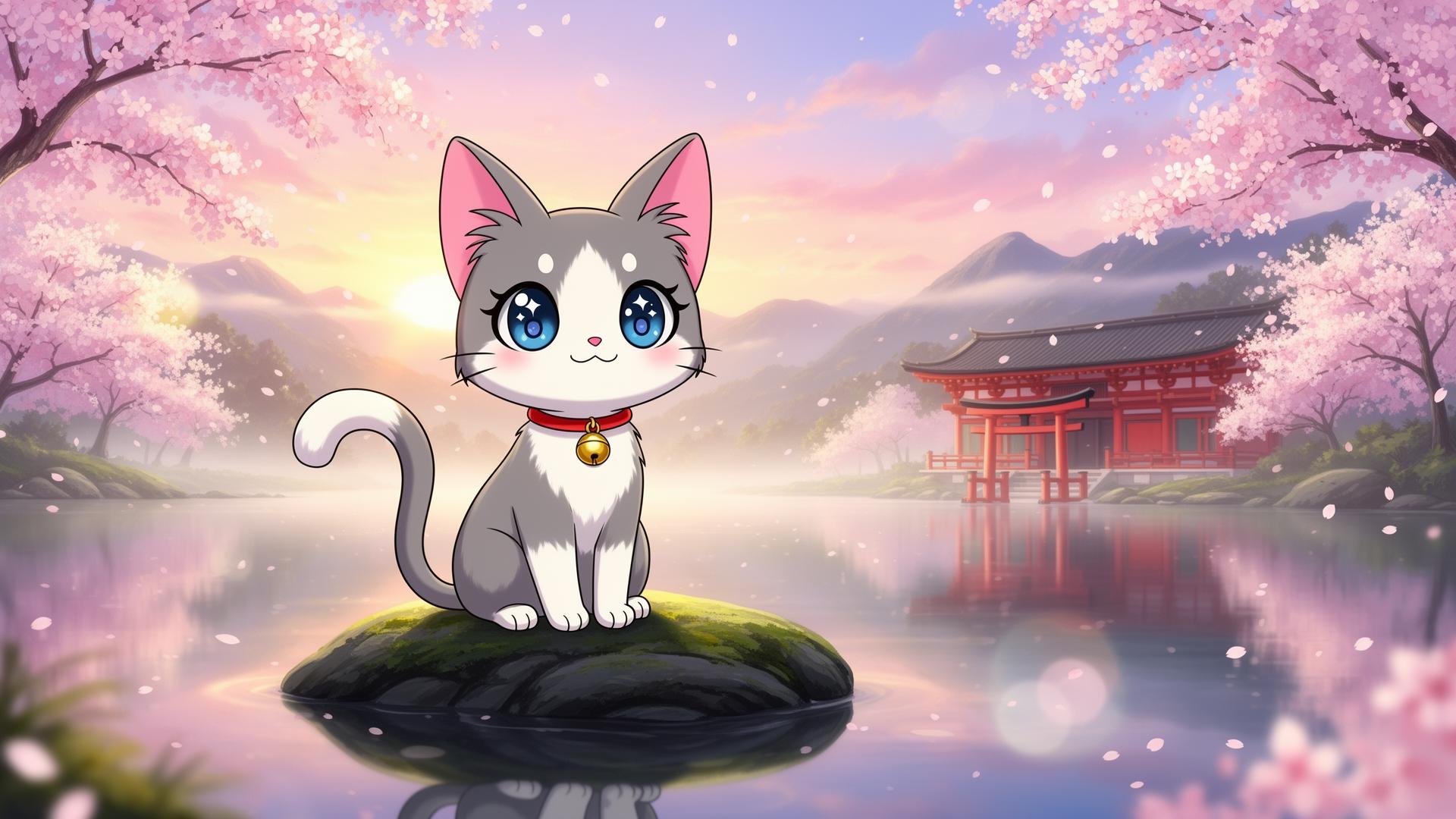 MIMI the cute anime cat sitting on a mossy rock at a sakura lake with a Japanese temple